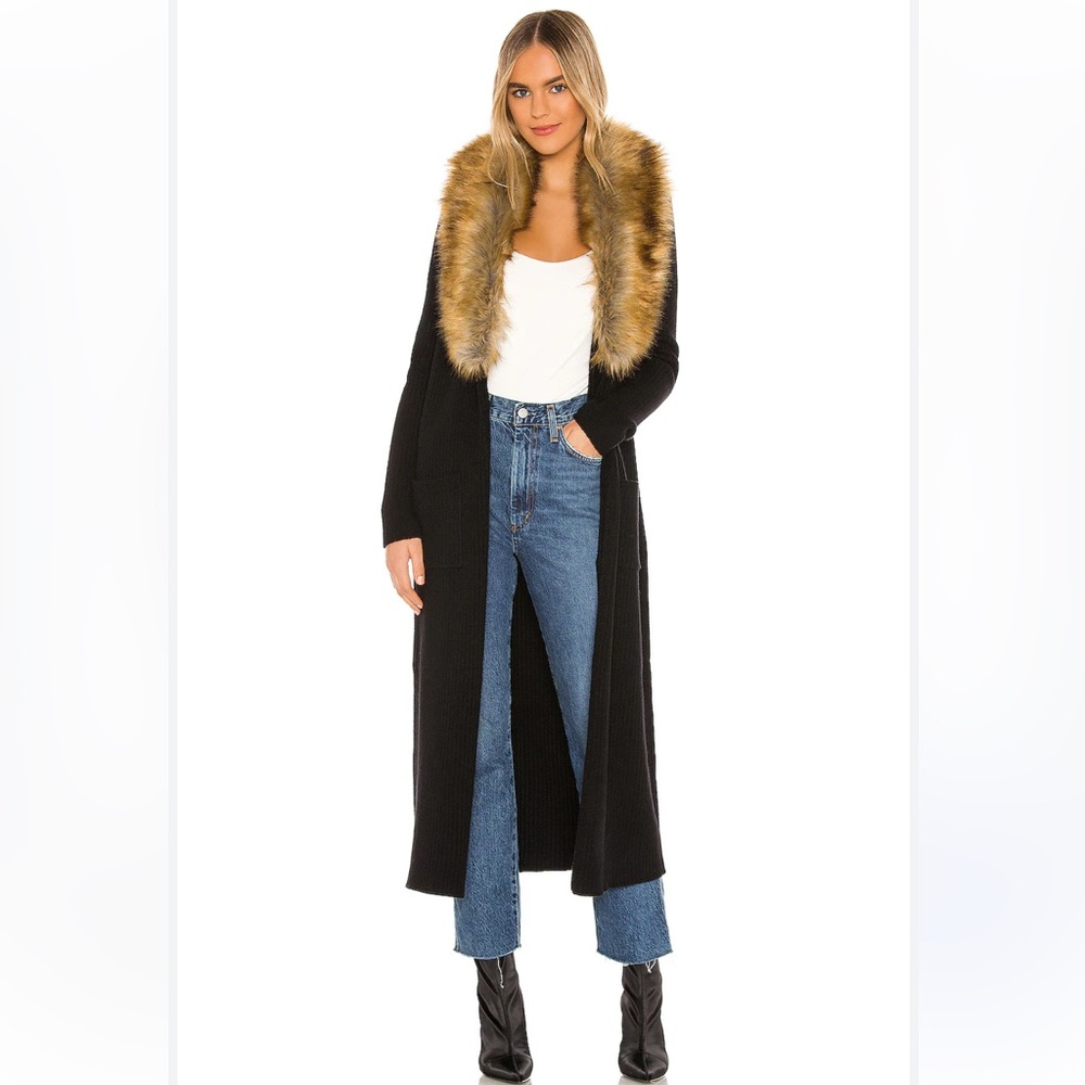 Black Long Cardigan with Faux Fur Collar